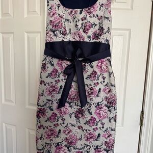 Kay Unger Purple Floral Midi Dress with Navy Sash